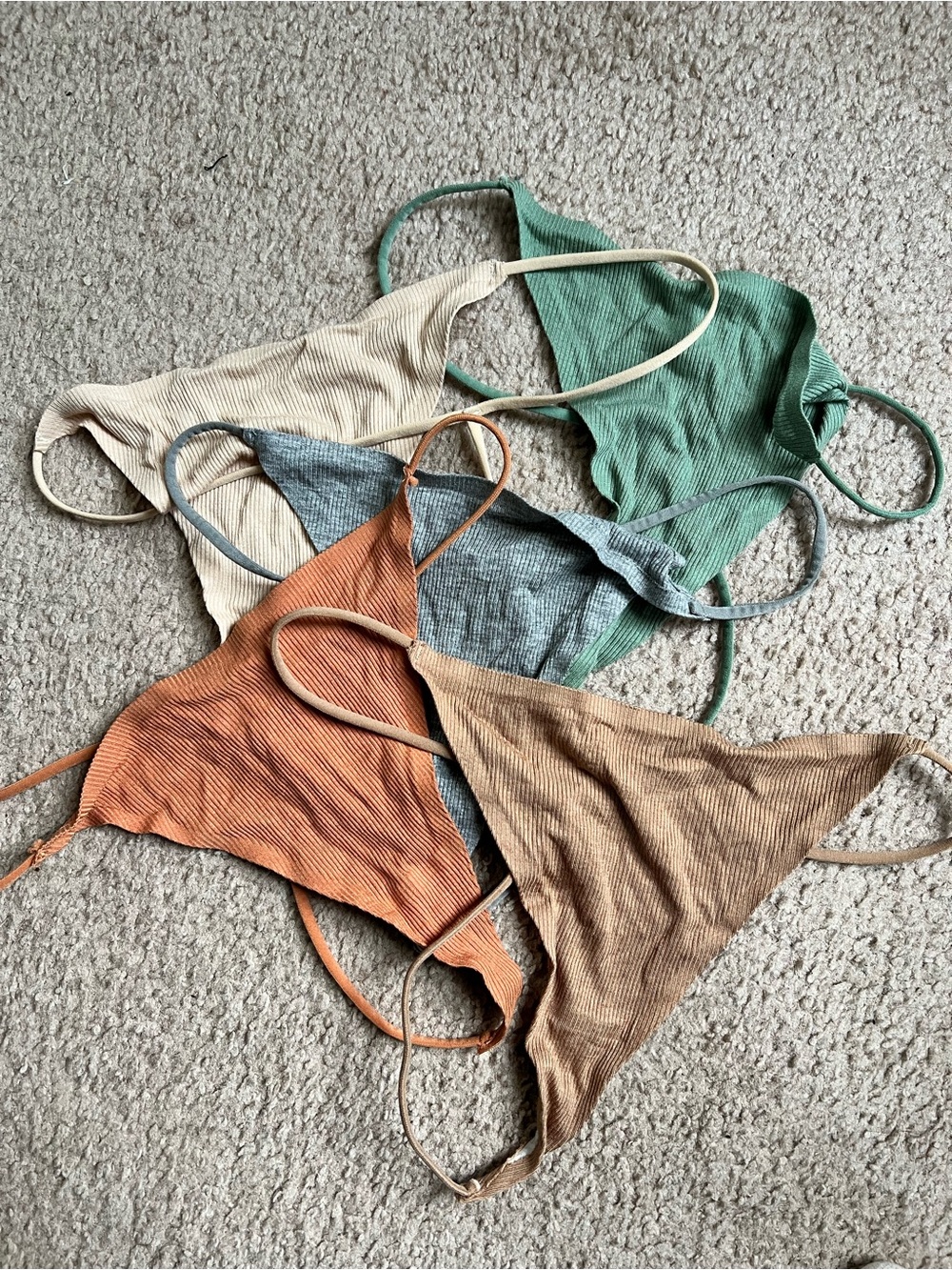 Ribbed Triangle T-String Thong Underwear Set in Rust, Tan, Sage, Cream & Gray